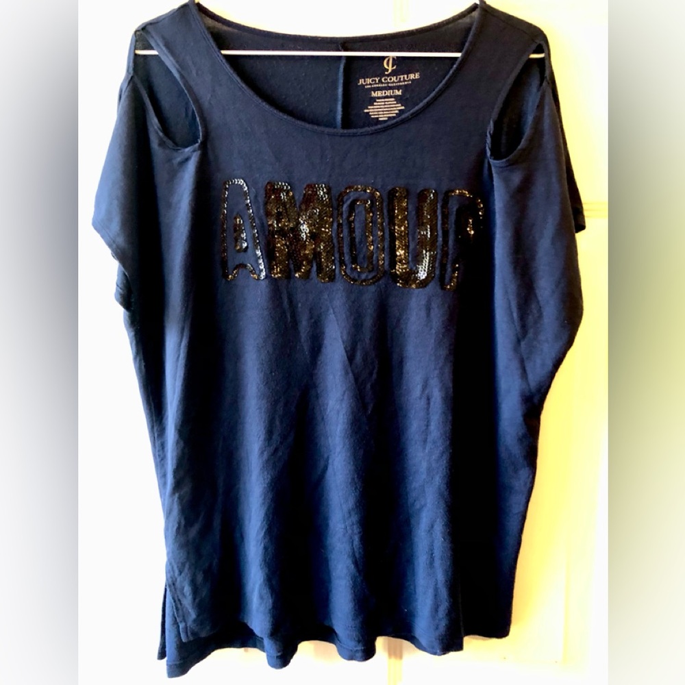 Juicy Couture Amour Black Sequin Graphic Navy Blue Cutout Knit Top Size Medium